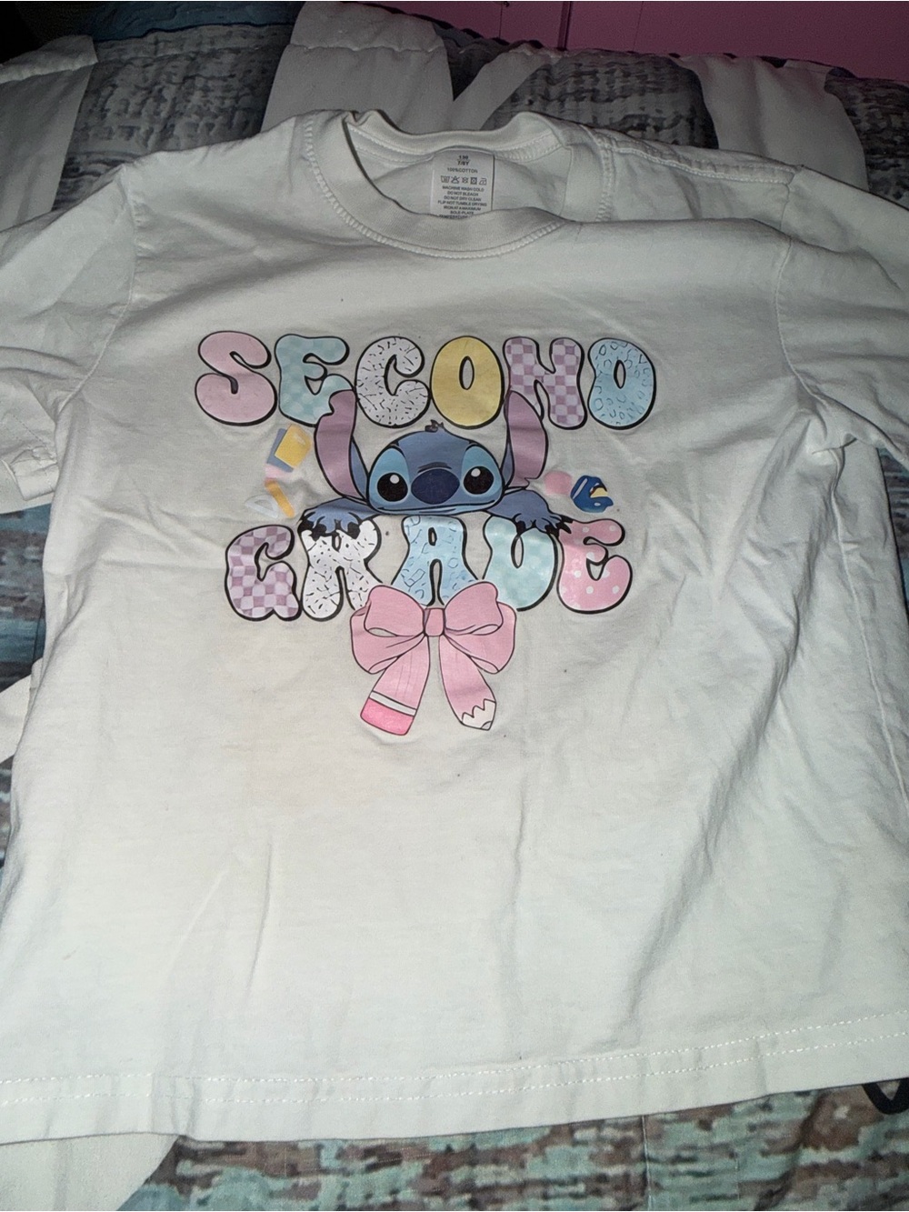 Disney White Second Grade Stitch Tee with Pastel Accents